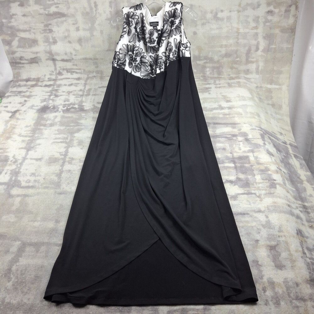 Connected Apparel Gown 24W Plus Size Black White Floral Embroidered Faux Wrap